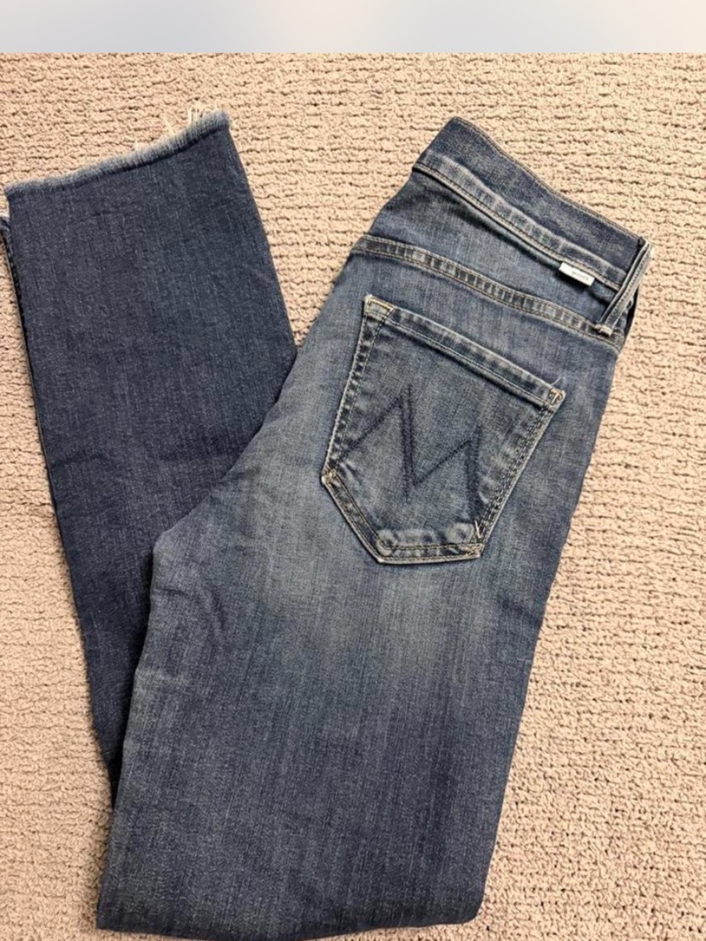 MOTHER Mid Blue Straight Leg Jeans with Stitched Pocket stunner zip ankle fray